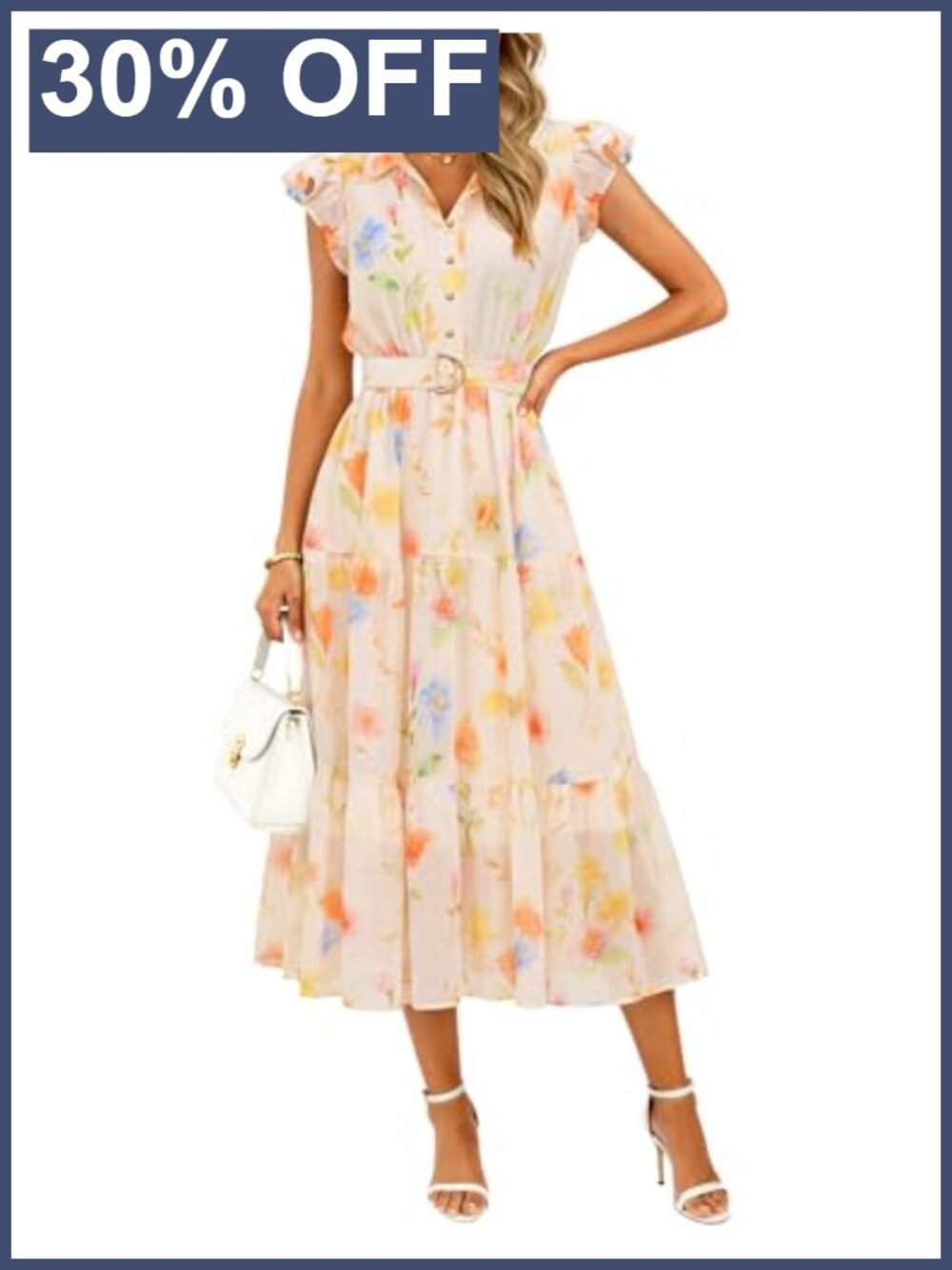 Womens Floral Midi A-Line Summer Dress Short Sleeve V-Neck Chiffon Bridal Shower
